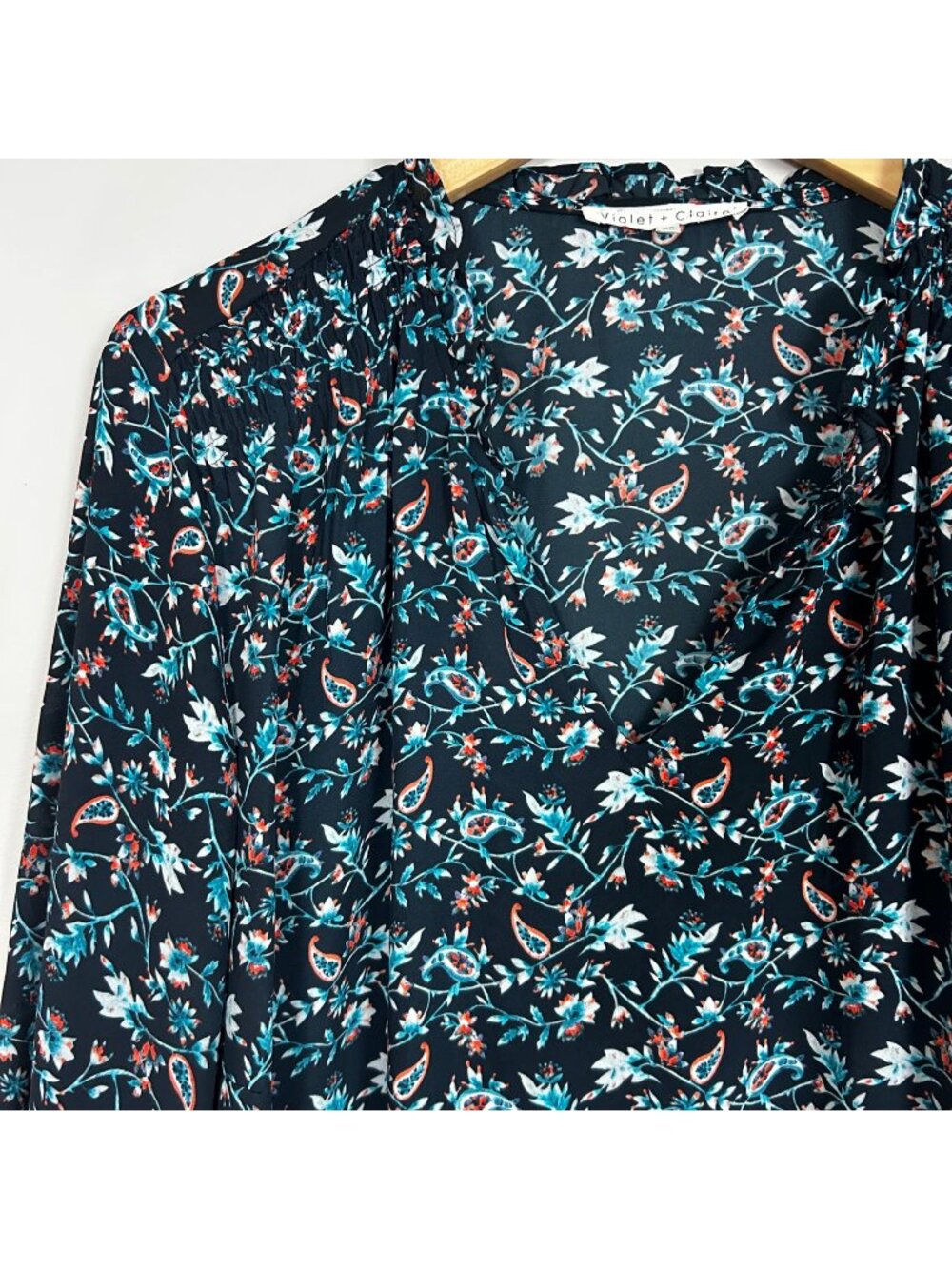 Women's Blue Floral Spring Boho Pullover Top Ruffle End Balloon Sleeve Size 2X